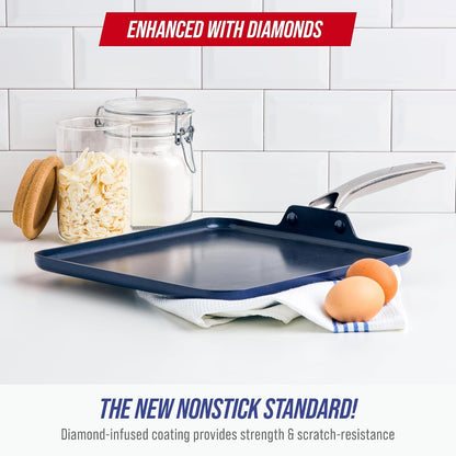 11" Diamond Infused Ceramic Nonstick Square Griddle Pan, Blue | Pfas-Free Ceramic Nonstick, Dishwasher & Oven Safe, Stay Cool Handle, Durable Metal Utensil Safe, Pancake Pan2
