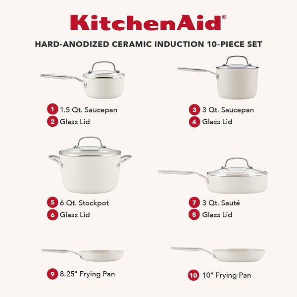 Kitchenaid Hard Anodized Ceramic Induction Pots and Pans, Dishwasher Safe, Includes Saucepans, Stockpot, Sauté Pan, Frying Pans/Skillets, and Lids, 10 Piece Cookware Set - Porcelain White2