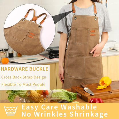 Canvas Cross Back Chef Cotton Aprons for Men Women with Large Pockets3