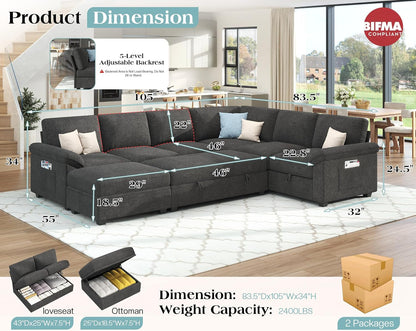 105" Sofa Bed, Sectional Sleeper Sofa with Pull Out Bed/Reclining Backrest, Sleeper Couch Bed with Storage, 6 Seater Couch Bed for Living Room, Chenille Dark Gray2