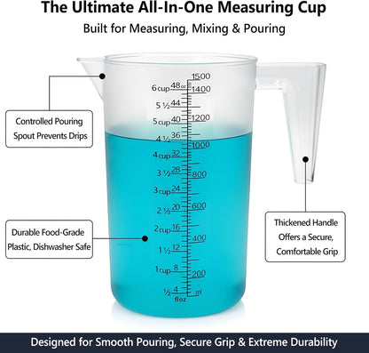 Liquid Measuring Cup with Handle, 48 Oz / 6 Cup / 1500 Ml Plastic Measuring Pitcher, Permanent Laser-Etched Markings, Large Measuring Cup for Kitchen Baking, Cooking & Garden Mixing4