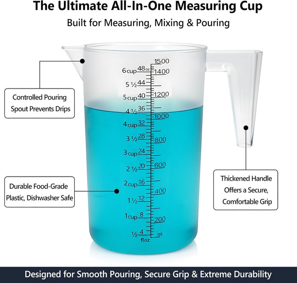 Liquid Measuring Cup with Handle, 48 Oz / 6 Cup / 1500 Ml Plastic Measuring Pitcher, Permanent Laser-Etched Markings, Large Measuring Cup for Kitchen Baking, Cooking & Garden Mixing4