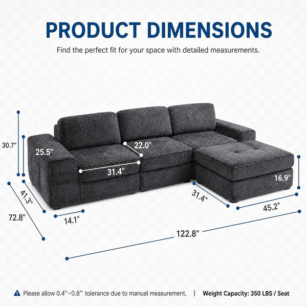 123" Oversized L Shaped Boneless Couch, Modular Sectional Sofa,Grey2