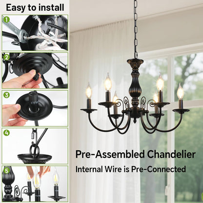6-Light Farmhouse Chandelier for Dinning Room,Vintage Black Candle Hanging Pendant Light, Rustic Island Candle Chandelier for Living Room,Bedroom,Entryway Foyer, Ceiling Hanging Lamp4