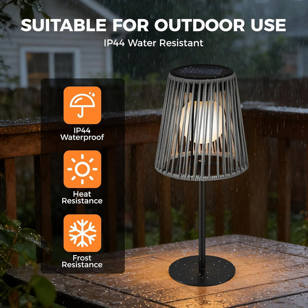 Solar Table Lamp Outdoor, Dual Solar & USB Charging Rattan Lamp, IP45 Waterproof Boho Desk Lamp, Portable Decorative Night Light for Patio Garden Yard Bedroom Living Room Tabletop2