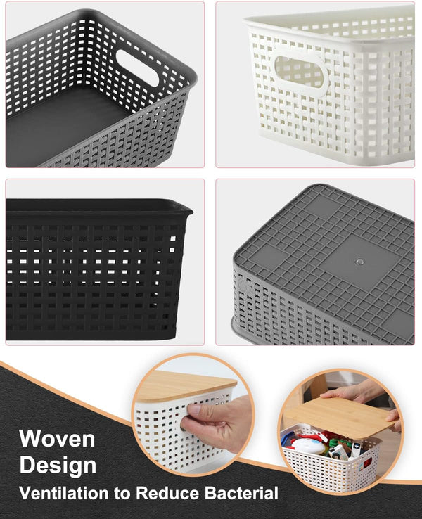 Storage Bins with Bamboo Lids Set of 6 Lidded Storage Container Plastic Baskets Organizer Bins for Organizing Kithen Room Bedroom Office Closet, Sturdy(Black)7