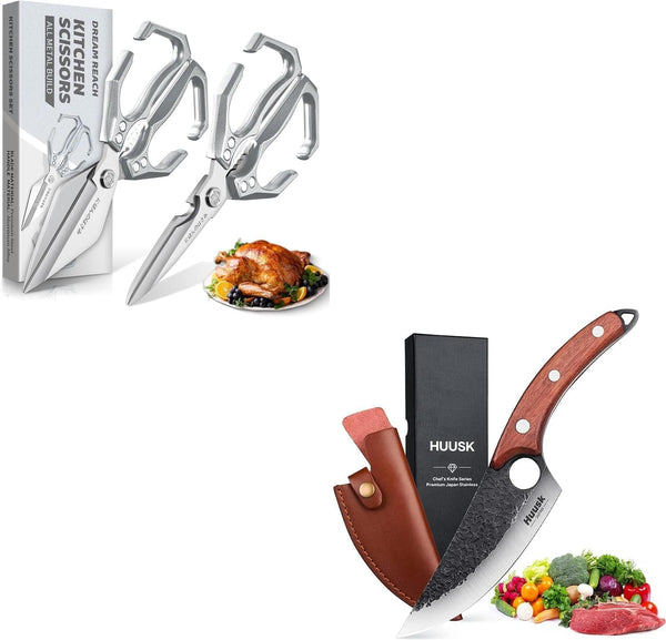 Huusk Viking Japanese Meat Cleaver with Silver Heavy Duty Kitchen Scissors Set1