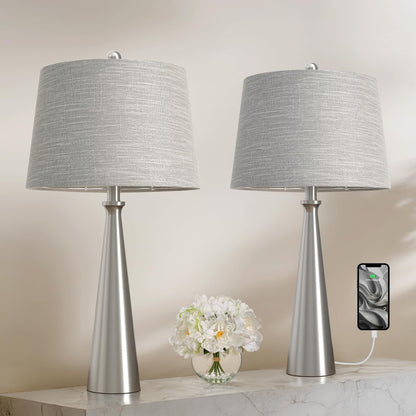 25.75" Modern Table Lamp for Bedroom Set of 2, USB C Port, Silver | Metal Desk Lamp with Gray Linen Shade, Tall Lamps for Living Room, Nightstand, End Tables, Home Office Decor1