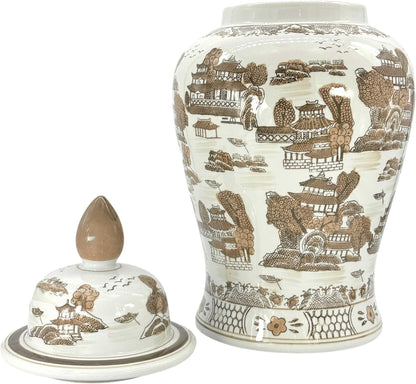 Large 25" Brown & White Classic Landscape Chinoiserie Ceramic Temple Jar W/Lid - Ginger Jar Home & Kitchen Decor for Interior Design - 25-Inch3