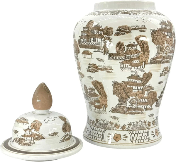 Large 25" Brown & White Classic Landscape Chinoiserie Ceramic Temple Jar W/Lid - Ginger Jar Home & Kitchen Decor for Interior Design - 25-Inch3