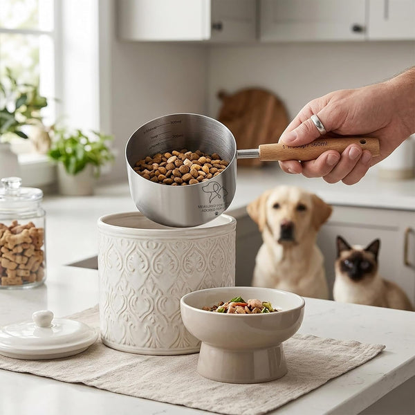 1.5 Cup Dog Cat Food Scoop,  Stainless Steel Dog Cat Food Measuring Cup with Long Wood Handle, Precise Graduated Markings (Stylish Pattern)5