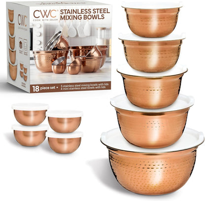 18 Piece Mixing Bowls Set with Airtight Lids, Handcrafted Stainless Steel Bowls, Food Storage Containers, Meal Prep, Nesting Salad Bowls for Cooking, Baking, Kitchen, Copper - Hammered9