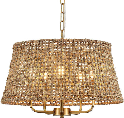 19.7" Boho Rattan Chandelier, 5-Light Gold Wicker Light Fixture9