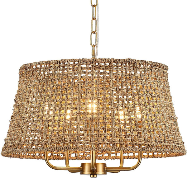 19.7" Boho Rattan Chandelier, 5-Light Gold Wicker Light Fixture9