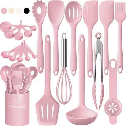22-Piece Silicone Cooking Utensils Set, Heat Resistant & Dishwasher Safe Kitchen Tools, Non-Scratch Spatula Set for Nonstick Cookware (Pink)1