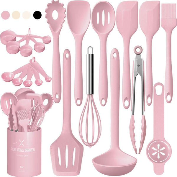 22-Piece Silicone Cooking Utensils Set, Heat Resistant & Dishwasher Safe Kitchen Tools, Non-Scratch Spatula Set for Nonstick Cookware (Pink)1