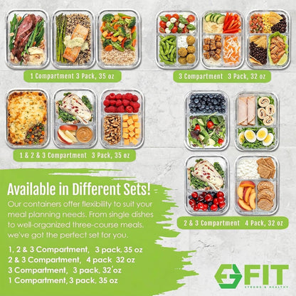 Glass Meal Prep Containers 2 and 3 Compartments, Leak-Proof, 32 Oz, 4 Pack7