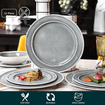 Melamine Dinnerware Set - 12Pcs Dishes Dinnerware Set for 4, Indoor and Outdoor Use, Dishwasher Safe, Break-Resistant, Lightweight, Gray3