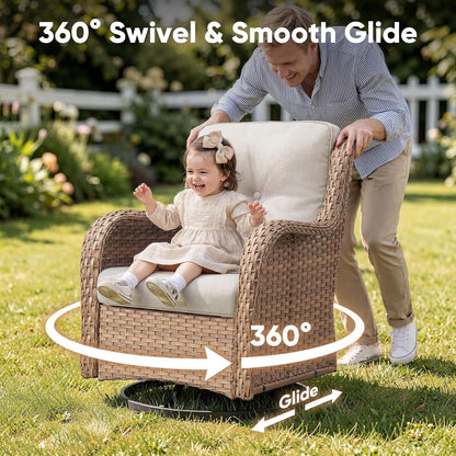 6 Piece Wicker Patio Furniture Set, Outdoor Swivel Rocker Chairs Set of 2 with Ottomans and 3 Seater Sofa, All Weather Patio Conversation Furniture Set, for Pool,Yard Yellow Wicker/Beige3