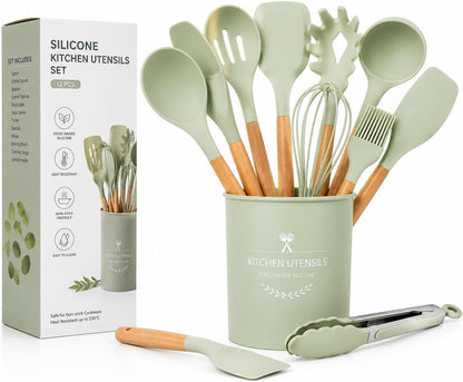 Caboh Silicone Kitchen Utensil Set 12 PCS – Heat Resistant Cooking Tools with Spatula, Serving Spoon, Tongs, Whisk & Holder, Nonstick Safe Bpa-Free Kitchen Accessories Set (Light Green)1