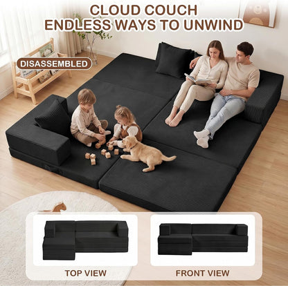 Boneless Couch, L Shaped Couch with Chaise, 5-In-1 Comfy Corduroy Fluffy Sofas, Mini Flexible Module Combination Compact Room Couch, No Assembly, Black6