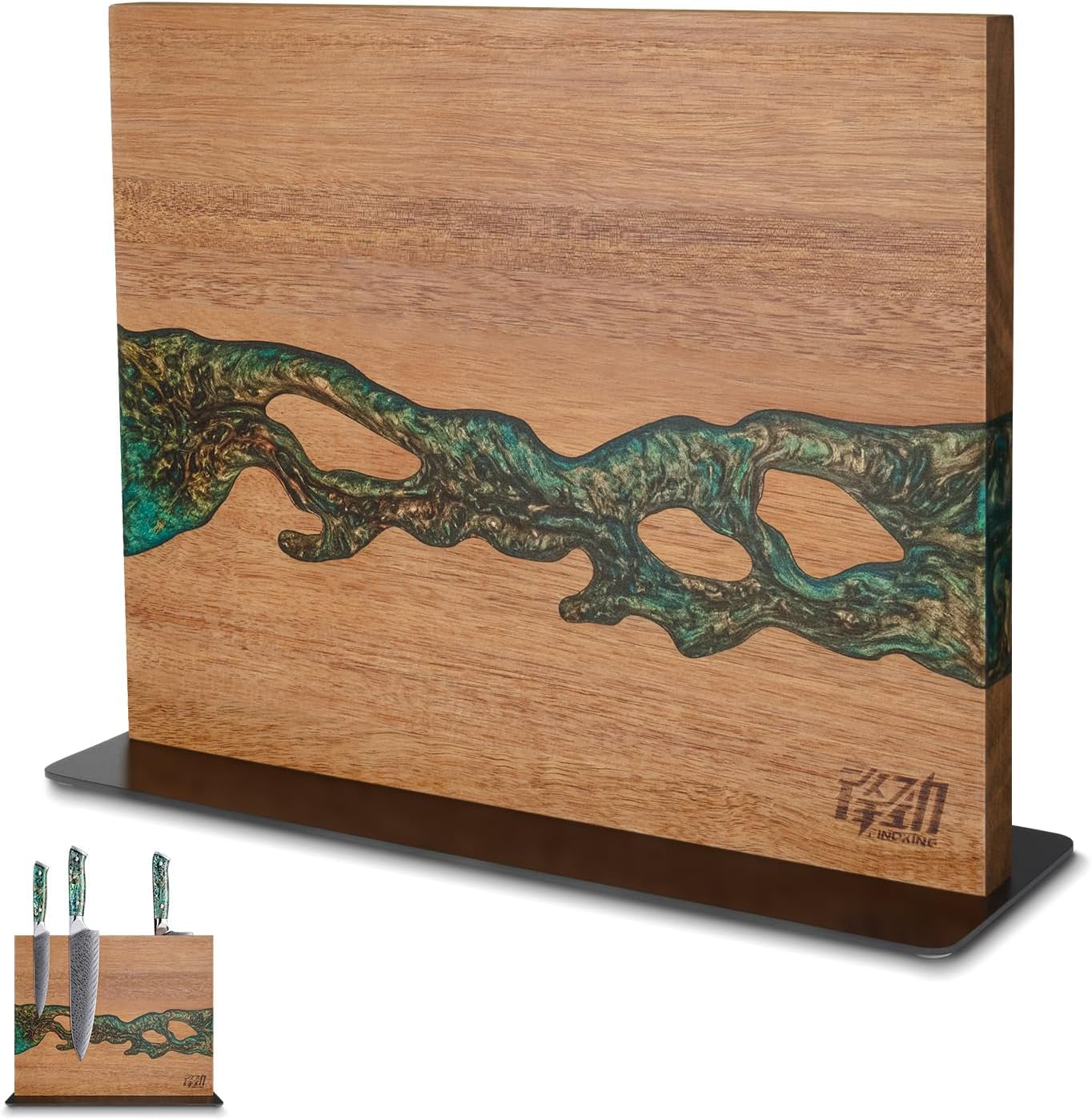 magnetic-knife-block-double-sided-knife-holder-with-strong-magnets-acacia-wood-and-golden-green-resin-countertop-kitchen-knife-storage-stand-12-10-inches-without-knives