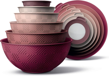 Mixing Bowls with Lids - 12 Piece Plastic Nesting Bowls Set Includes 6 Prep Bowls and 6 Lids, Microwave Safe Mixing Bowl Set, Rose Rhombus1