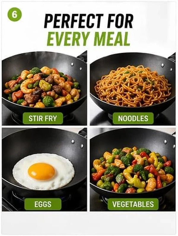12.5" Carbon Steel Wok – Non-Stick, Pfas-Free Coating, Non-Toxic, Induction-Safe Flat Bottom Stir Fry Pan with Ergonomic Handle6