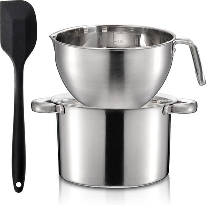 Double Boiler Pot Set with Silicone Spatula, 2000ML/1.8QT Chocolate Melting Pot with 2800ML/2.54QT Stainless Steel Pot, Candy Melting Pot, Chocolate Melter for Butter, Caramel, Cheese, Wax,1