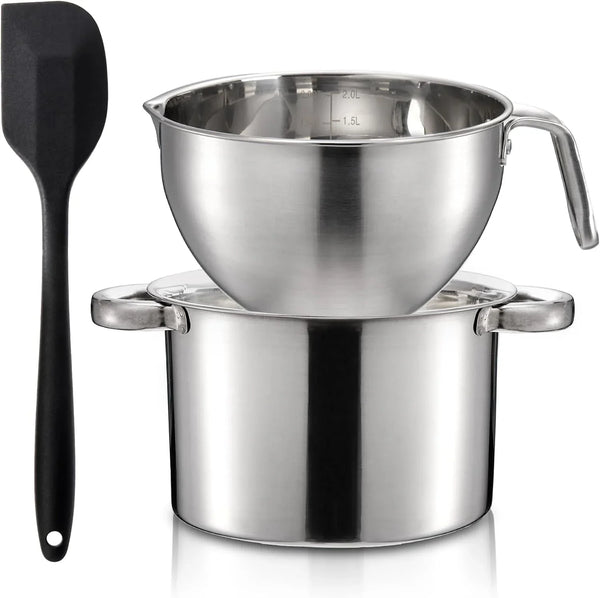 Double Boiler Pot Set with Silicone Spatula, 2000ML/1.8QT Chocolate Melting Pot with 2800ML/2.54QT Stainless Steel Pot, Candy Melting Pot, Chocolate Melter for Butter, Caramel, Cheese, Wax,1