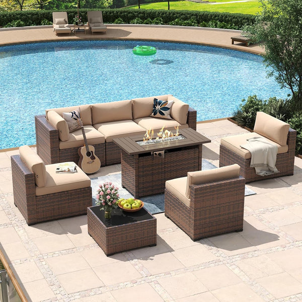 8 Piece Patio Furniture Set with 44" Fire Pit Table Wicker Rattan8
