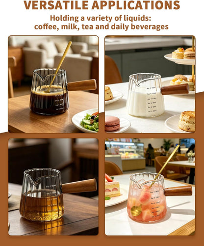 2 Pack Espresso Measuring Cups & 2 Spoons, 6Oz Gray & Clear Borosilicate Glass Cups with Wood Handle, V-Shaped Spout Ribbed Milk Frothing Cup for Coffee, Latte, Cappuccino, Tea5