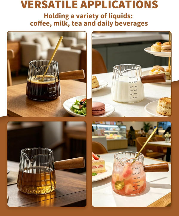 2 Pack Espresso Measuring Cups & 2 Spoons, 6Oz Gray & Clear Borosilicate Glass Cups with Wood Handle, V-Shaped Spout Ribbed Milk Frothing Cup for Coffee, Latte, Cappuccino, Tea5