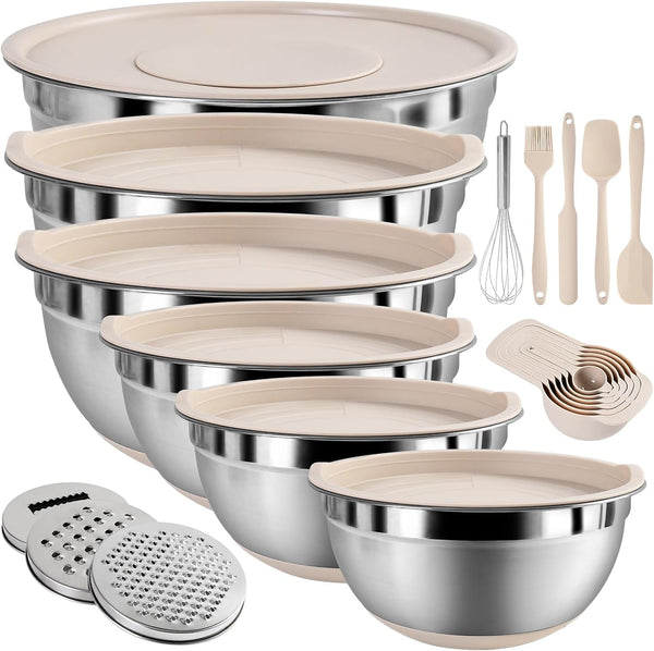 Mixing Bowls with Airtight Lids Set, Non-Slip Silicone Bottoms, Khaki1