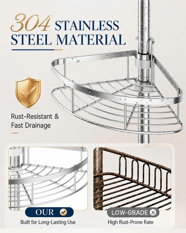 Rustproof Corner Shower Caddy Tension Pole for Bathroom Organizers5