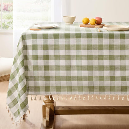 Outdoor Checkered Tablecloth, Linen Cotton Gingham Table Cloths for 6 Foot Rectangle Tables with Tassel, Heavy Duty Wrinkle Free Plaid Table Cover for Picnic Camping - 55 X 84 Inch, Sage1