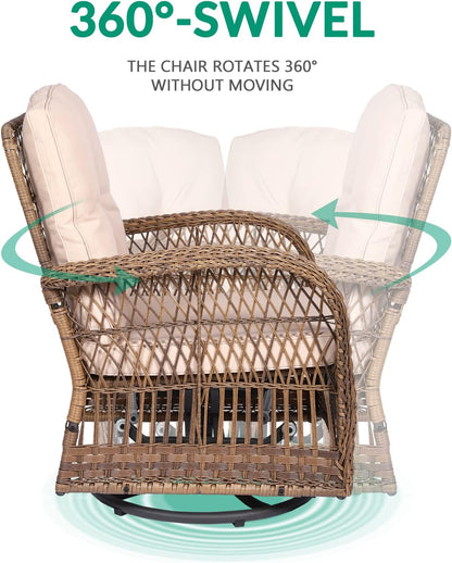 5-Piece Outdoor Patio Wicker Conversation Sets, All Weather Outdoor Rattan Furniture Set Includes Glider Loveseat, 2 Coffee Table, 2 Swivel-Gliders Chairs with Cushions, Light Brown2