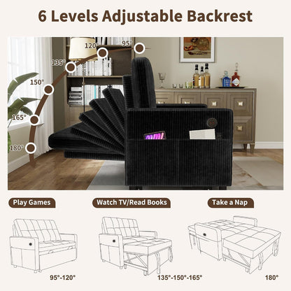 3 in 1 Convertible Sleeper Sofa Bed, Corduroy Pull Out Couch, Black4
