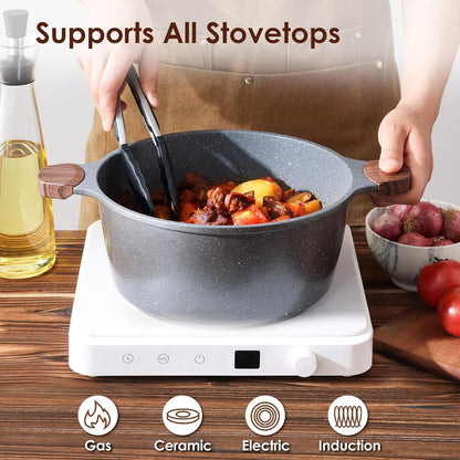 Nonstick Stock Pot with Lid, 4.5 Quart, Gray | Swiss Granite Nonstick Coating, PFOA PFOS APEO Free, Compatible with All Stoves Including Induction Cooktops, Easy to Clean5