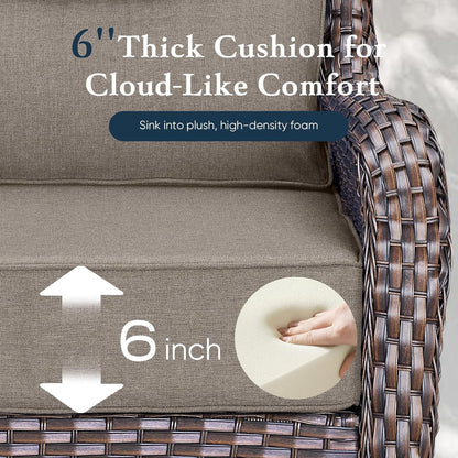 Luxury 6" Thick Cushioned 7 Pieces Patio Furniture Set with Outdoor Couch, Wicker Outdoor Conversation Set with High Back Swivel Rocker Chairs for Deck Porch Yard and Poolside - Brown+Grey4