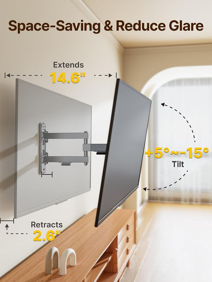 Full Motion Small TV Wall Mount for 13-43 Inch Tvs up to 44 Lb | ±90° Swivel, +5°/-15° Tilt, Landscape/Portrait Rotation; Extends 14.6 In, 4X Load Tested, VESA 200X200 Mm, Single-Stud Mount6