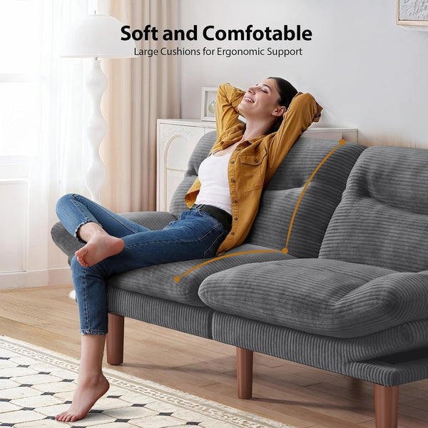 66 Inch Convertible Futon Sofa Bed, Corduroy, Grey7