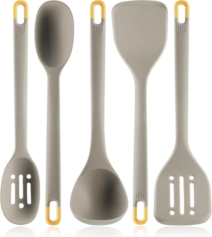 Silicone Kitchen Cooking Utensils Set:  Heat Resistant 13Inch Long Kitchen Gadgets, BPA Free Non Stick Rubber Cook Accessories for Food Prep, Frying, Serving, Basting (Light Grey)1