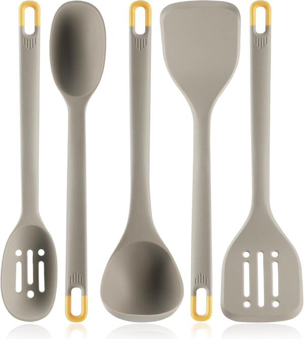 Silicone Kitchen Cooking Utensils Set:  Heat Resistant 13Inch Long Kitchen Gadgets, BPA Free Non Stick Rubber Cook Accessories for Food Prep, Frying, Serving, Basting (Light Grey)1