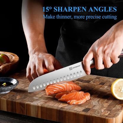 Chef Santoku Knife - 7 Inch Ultra Sharp Kitchen Knife with Stainless Steel Blade for Cooking Meat Fruit Vegetable with Ergonomic Pakkawood Handle and Gift Box Included4