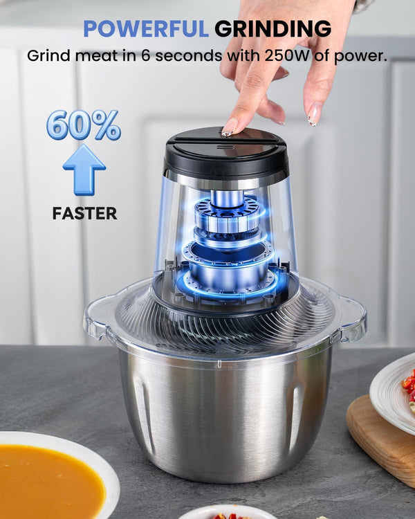 Food Processor, 6 Cup Electric Food Chopper, 250W Meat Grinder | Sharp Stainless Steel Blades Chop Meat, Vegetables, Onions and Baby Food, Stainless Steel Bowl, Compact and Easy to Clean2