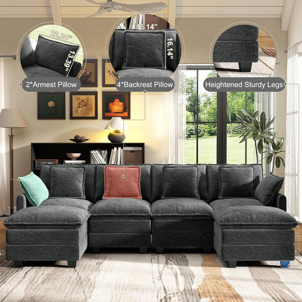 107" Cloud Couch Sectional Modular Sofa, Deep Seat Couches with Ottoman and Removable Washable Pillows for Living Room, Bedroom, Apartment, Black3