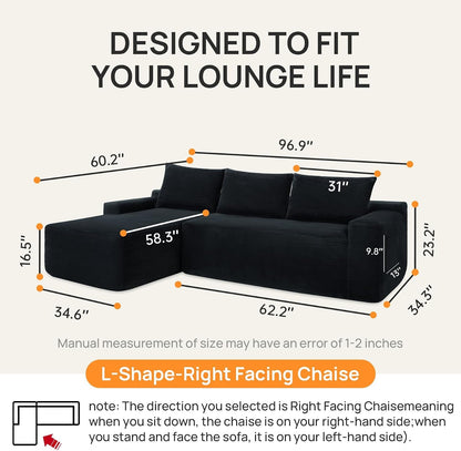Black 96.9 Inch Right Chaise Sectional Sofa, Boneless Corduroy Cloud Couch with Spring Coils & High-Resilience Foam, Deep Seat Oversized Compact Living Room Set, No Assembly, Stain-Resistant Fabric2