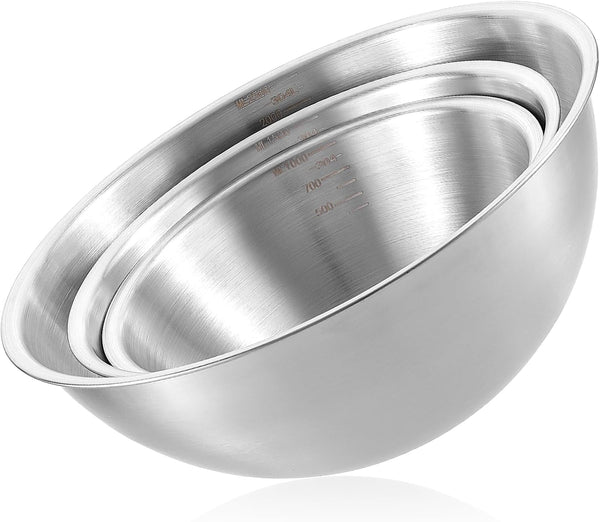 Stainless Steel Mixing Bowls 3 Packs Nesting Baking Supplies Small Thicker Stainless Steel Flat Bottom Stackable Salad Bowl Mixing Bowls Set for Cooking, Baking, Salad,Serving(1000/1500/2000Ml)1