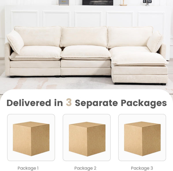 112'' Modular Sectional Cloud Couch with Movable Ottoman, 4 Seat Modern Corduroy Sofa, Deep Seat L Shaped Couch for Living Room Bedroom Apartment, Beige4